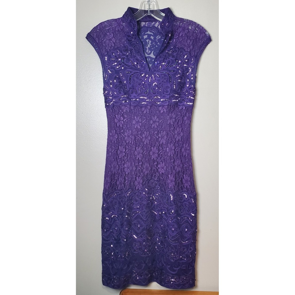 Sue Wong Nocturne Purple Beaded Sequined Lace Dress Formal Cocktail Size 0 Short